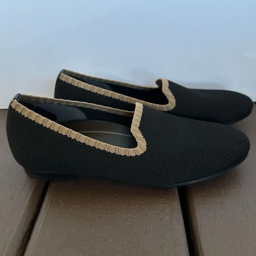 Vionic Willa Knit Slip On Shoes Womens Sz 6.5 Black Loafer Flats Beige Comfort